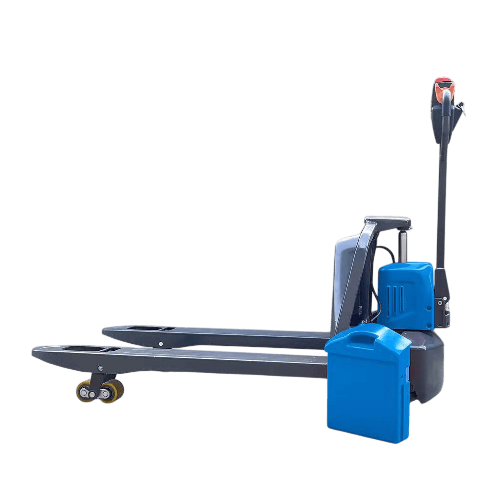 עגלת משטחים חשמלית HELI EPT-15C 1.5 טון — מבט חזיתי על שתי השיניים וגלגלי העומס